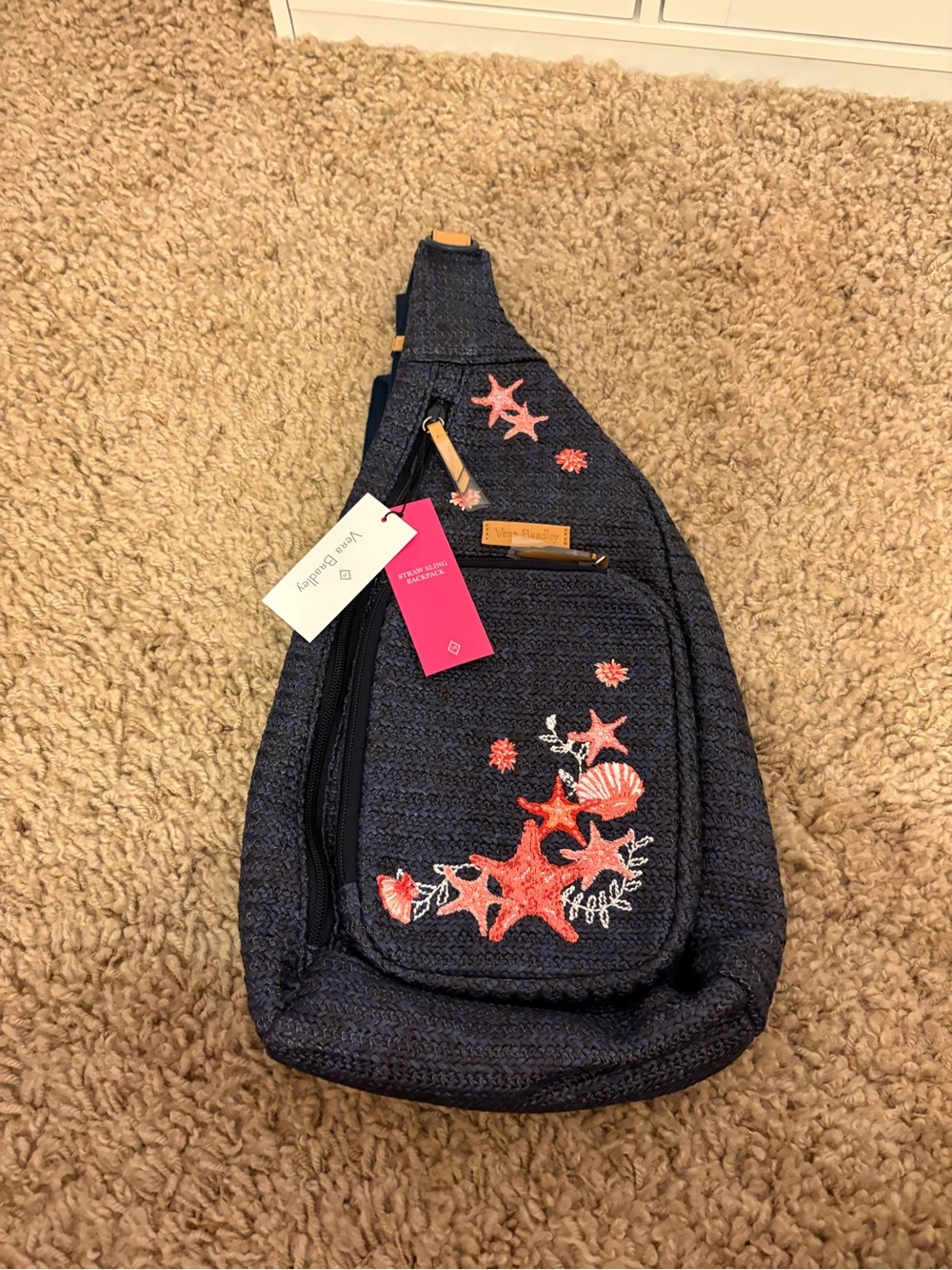 Vera Bradley Navy Sling Backpack with Coral Embroidery